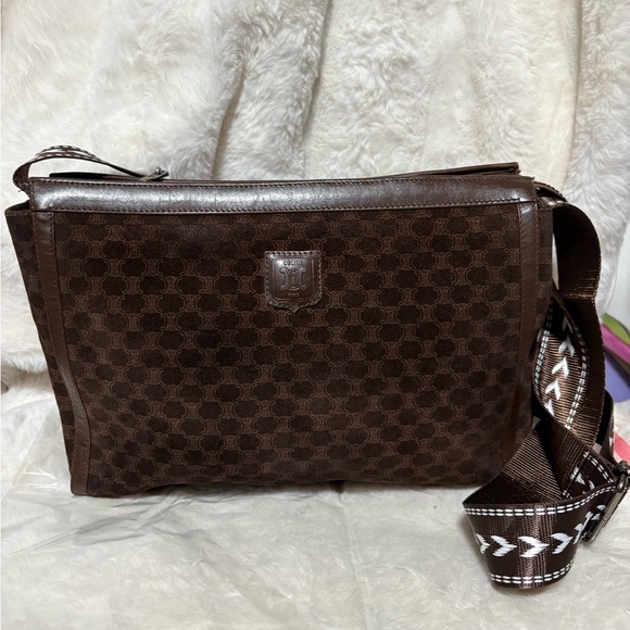 Auth Rare Vintage Celine Brown Suede Monogram Zip Pouch/Clutch - Picture 1 of 16